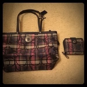Coach Blue/Purple Tartan Plaid Bag & Wallet Set